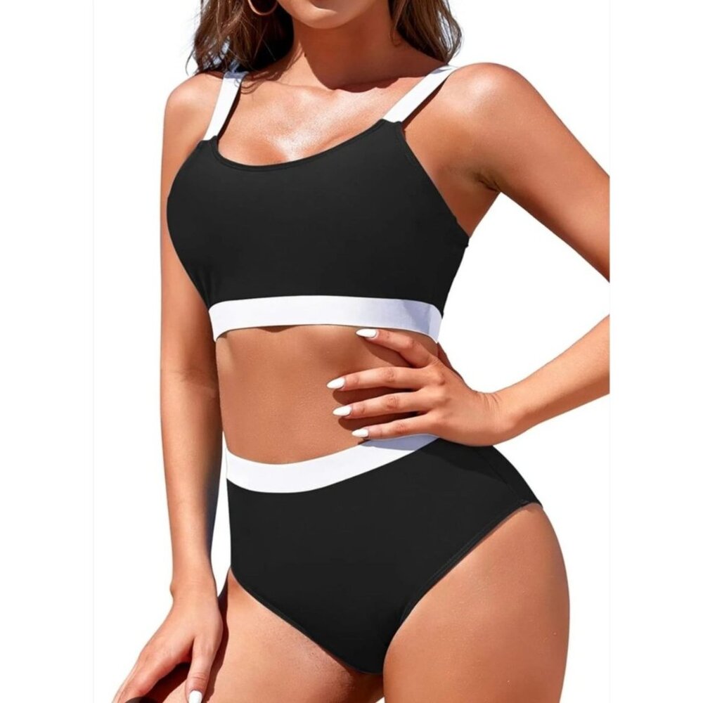 Womens XL High Waisted Bikini Set Colorblock Design Black & White Beach Vacation